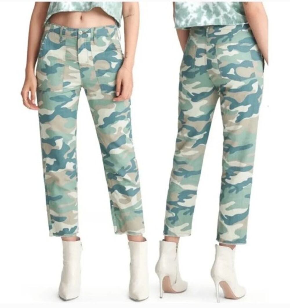Mother The Shaker Chop Crop Blue Green Camo Pants, Size 26